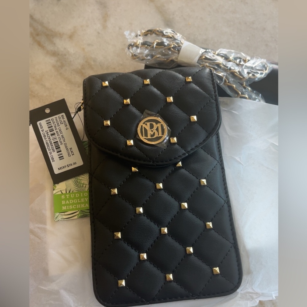 Badgley Mischka Black Quilted Phone Case with Gold Studs